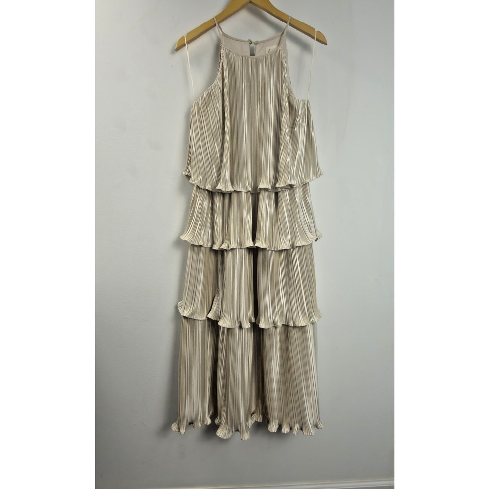 Lena Pleated Tiered Midi Dress Gold Satin Accordion Ruffle Medium Party Cocktail